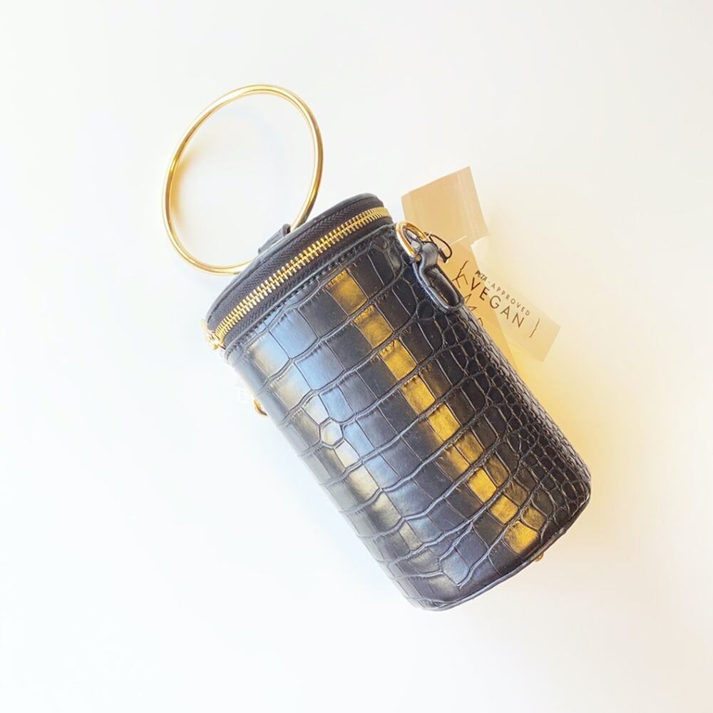 Faux Croc Vegan Leather Cylinder Bucket Crossbody Bag Ring Handle Black